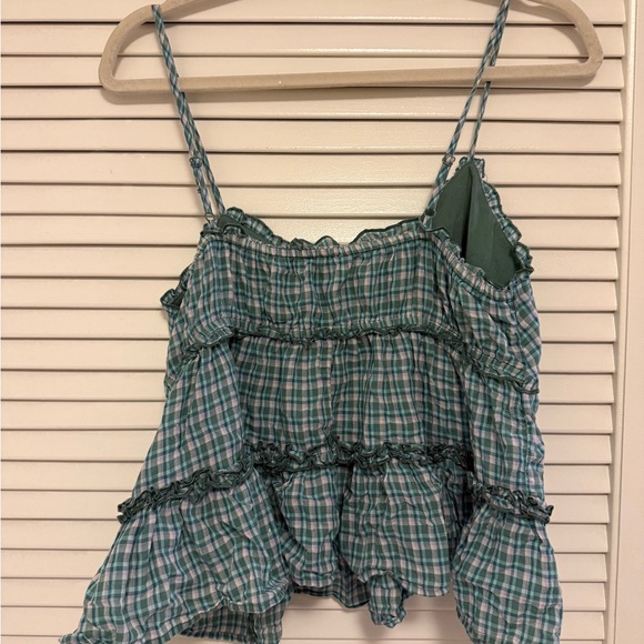 American Eagle Outfitters Teal Plaid Tiered Spaghetti-Strap Tank - Picture 4 of 4